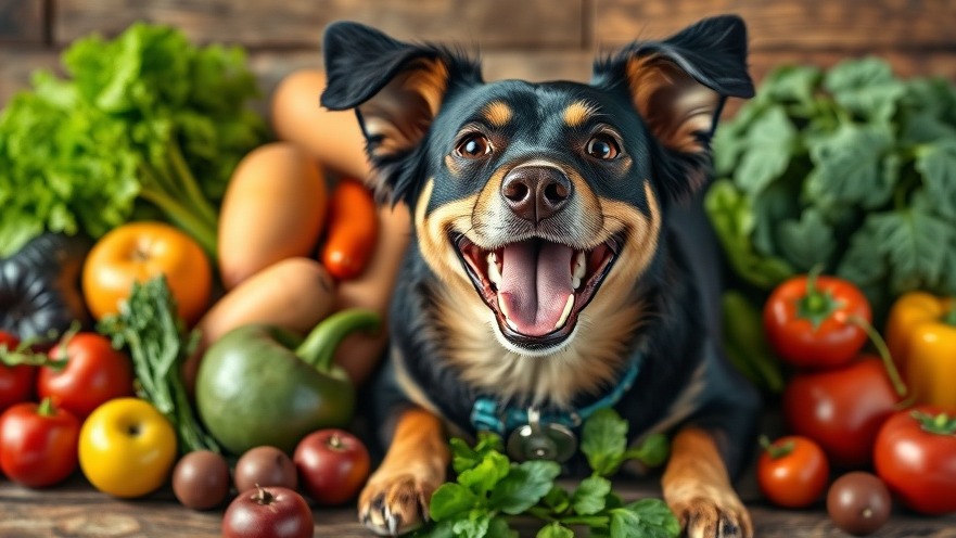 Joyful black and tan dog promoting canine gut health with fresh fruits and vegetables.
