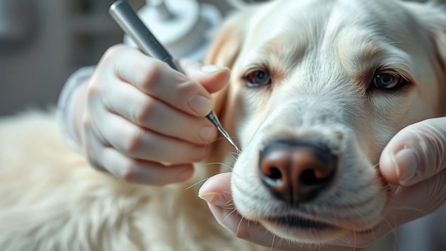 Veterinarian examining dog skin tags on a white dog's fur in a clinical setting.