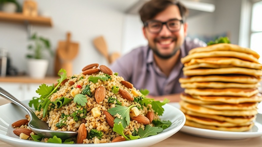 Healthy high-protein meals: quinoa salad and playful pancakes in a bright kitchen.