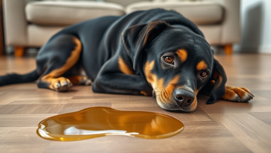 Senior dog care: older black and tan dog lying on floor by small yellow spot.