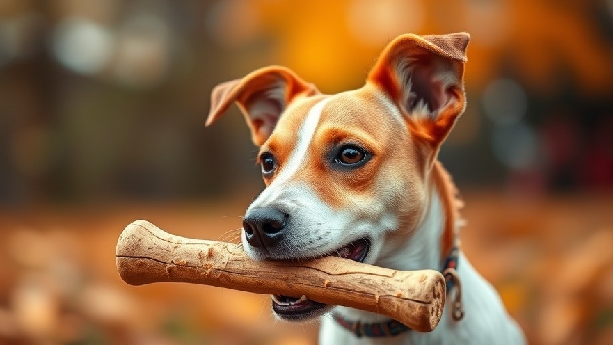Jack Russell Terrier with dental chew stick, promoting prevention of periodontal disease in dogs.