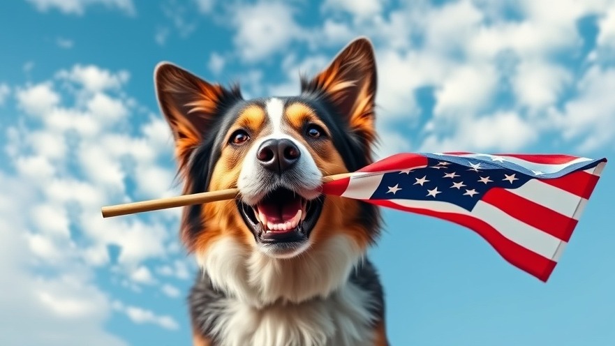 Patriotic dog proudly holding American flag, showcasing dog products discounts.
