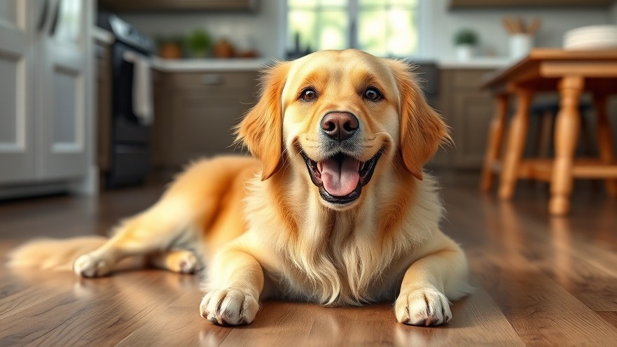 Happy golden retriever in a cozy kitchen, showcasing dog skin health benefits.