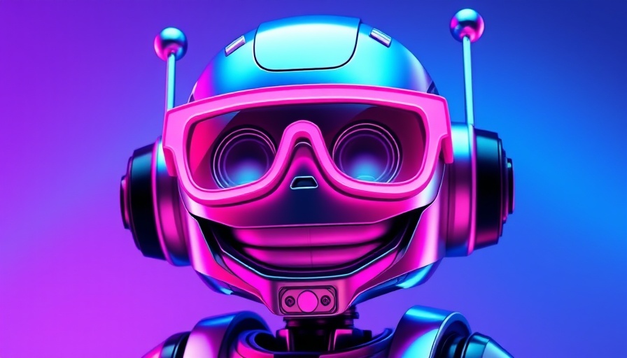 Futuristic cartoon robot with pink neon sunglasses, vibrant background.