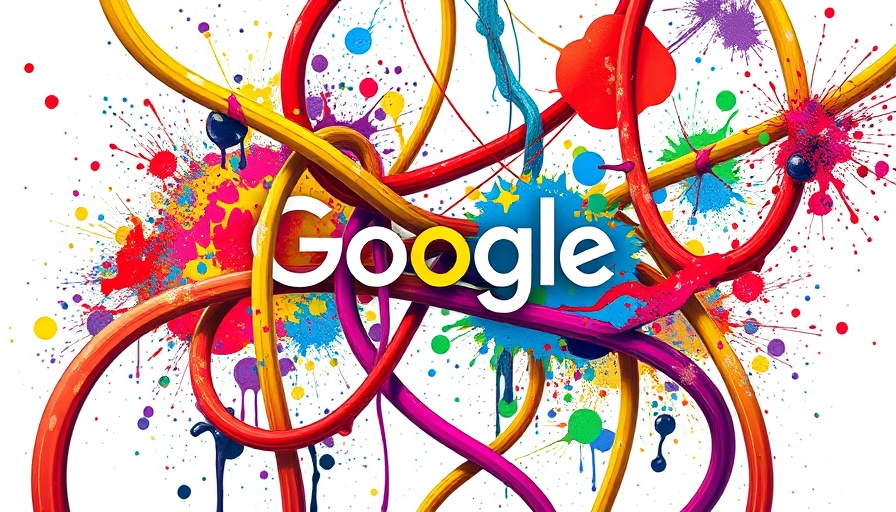 Abstract painting of colorful cords entwined with Google logo, symbolizing AI.