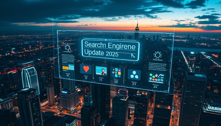 Futuristic interface depicting Search Engine Updates 2025 over cityscape.