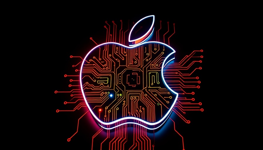 Futuristic Apple logo with circuit board design, glowing.
