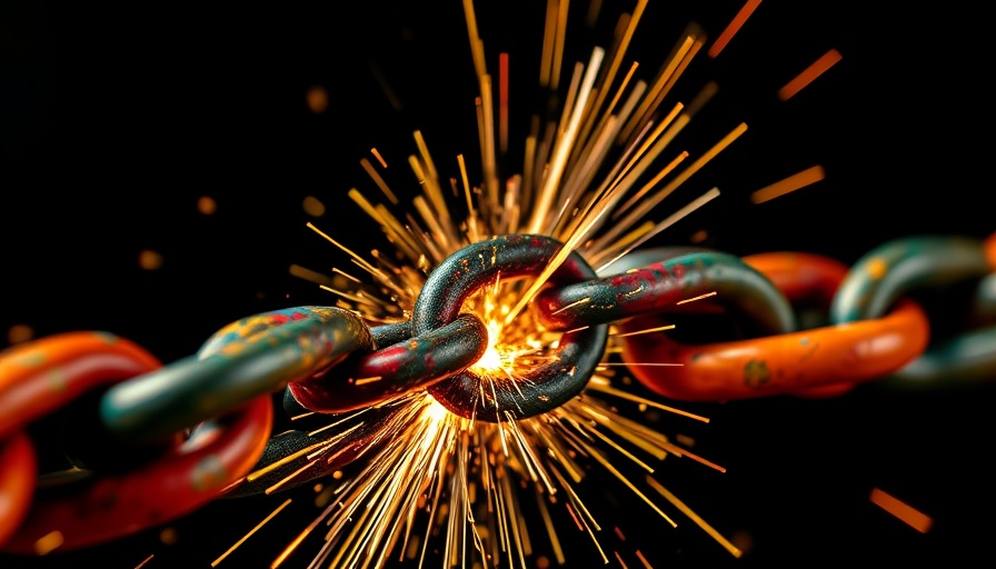 Colorful chain links breaking with sparks, concept of linking back.