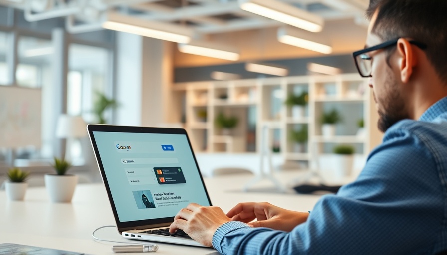 Person using Google AI search features on laptop screen in modern office.