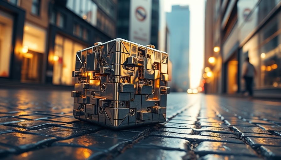 Shiny metallic cube at sunset in urban environment