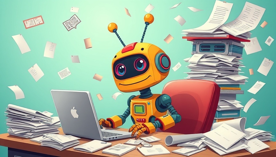 Whimsical robot reading at a cluttered desk, vibrant illustration