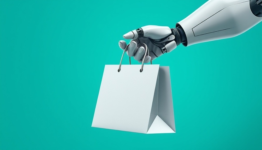 Robotic hand with shopping bag symbolizing ChatGPT shopping search features.