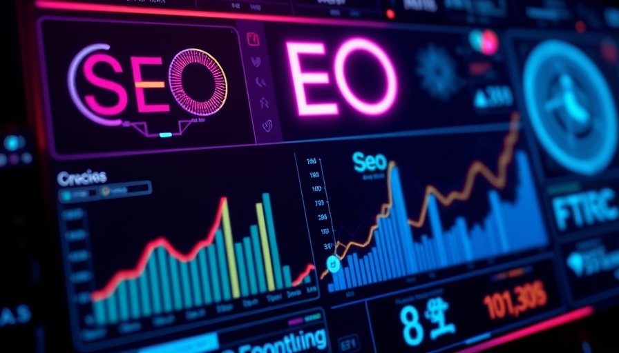 Futuristic AI interface with SEO insights, vibrant neon effects.