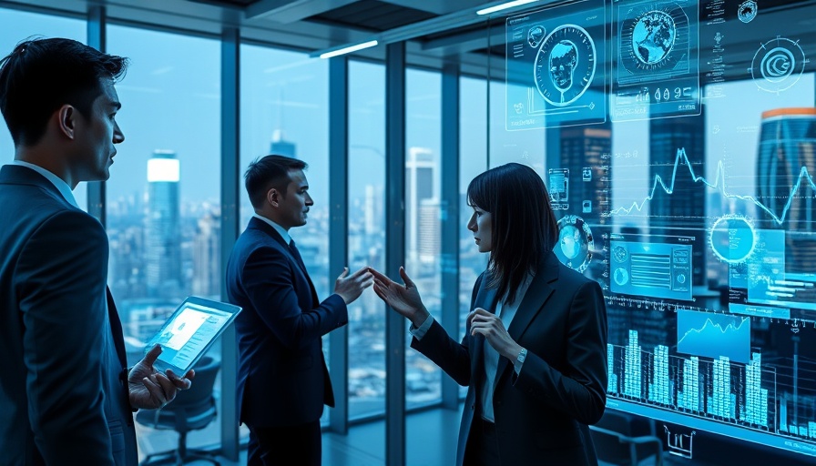 Futuristic business scene with AI holograms and professionals.