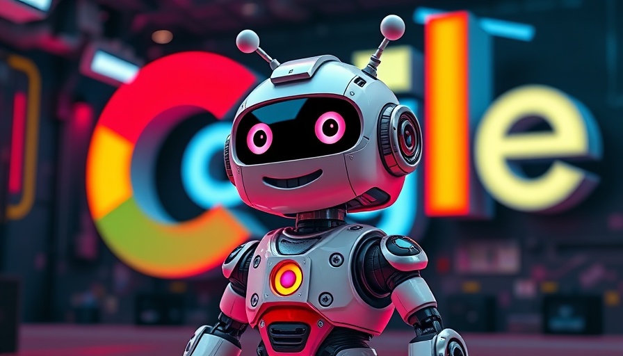 Whimsical robot in front of Google logo, neon-lit AI theme