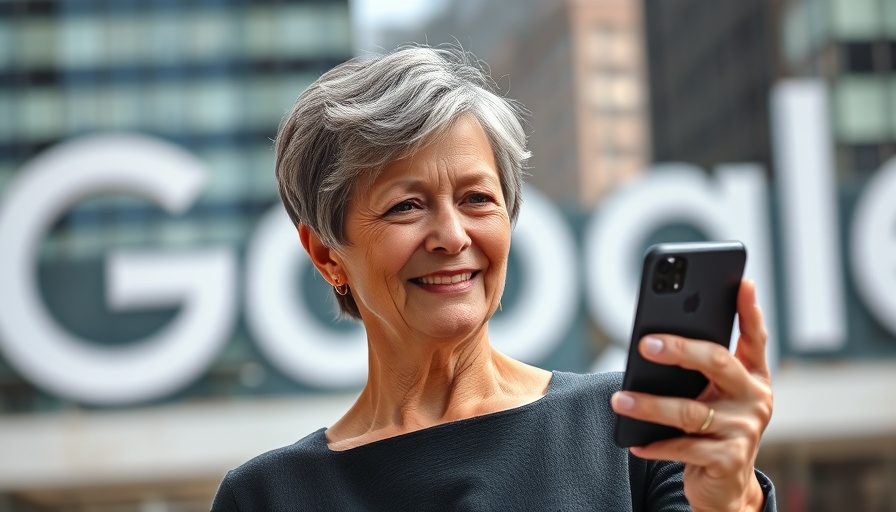 Mature woman with smartphone and Google logo, urban setting.