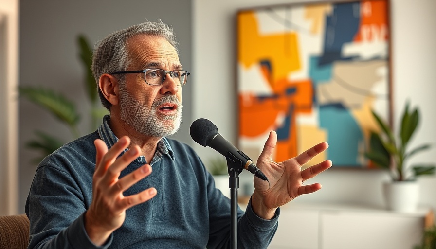 Middle-aged man discussing in a studio setting with vibrant art.
