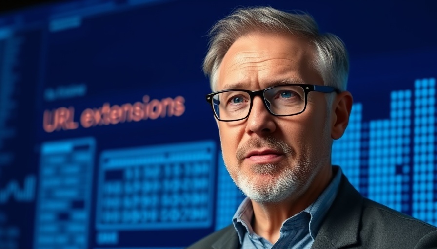 Middle-aged man discussing Google URL Extensions for SEO in front of digital background.