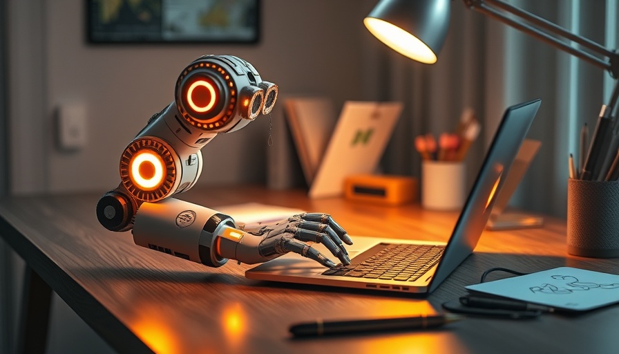 Futuristic robotic arm at laptop for choosing marketing platform.