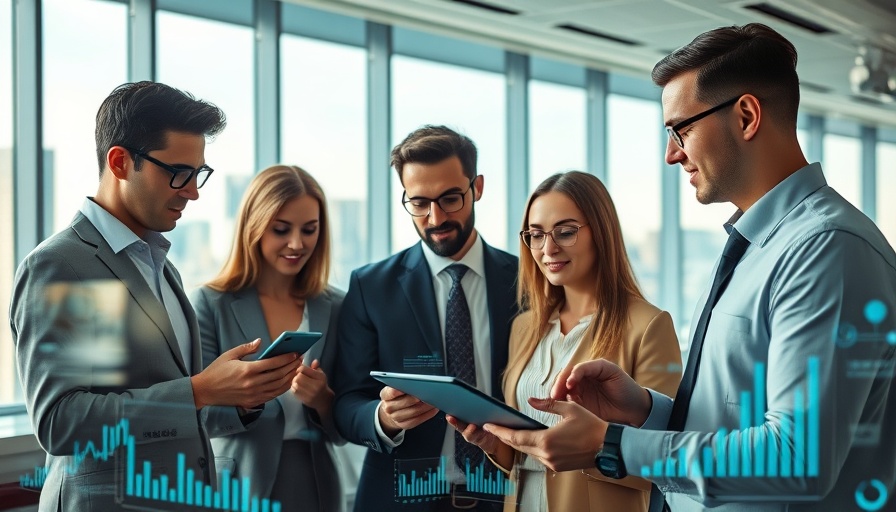 Entrepreneurs using AI marketing tools in modern office setting.