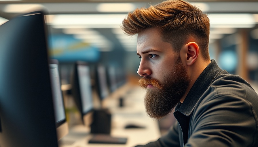 Man in modern office studying computer screen on Google Search new filters.