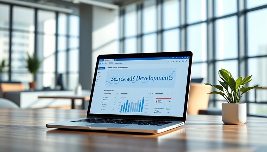 Modern office with laptop displaying search ads developments dashboard.
