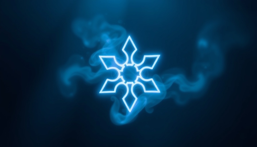 Glowing abstract symbol with ethereal mist on blue background.