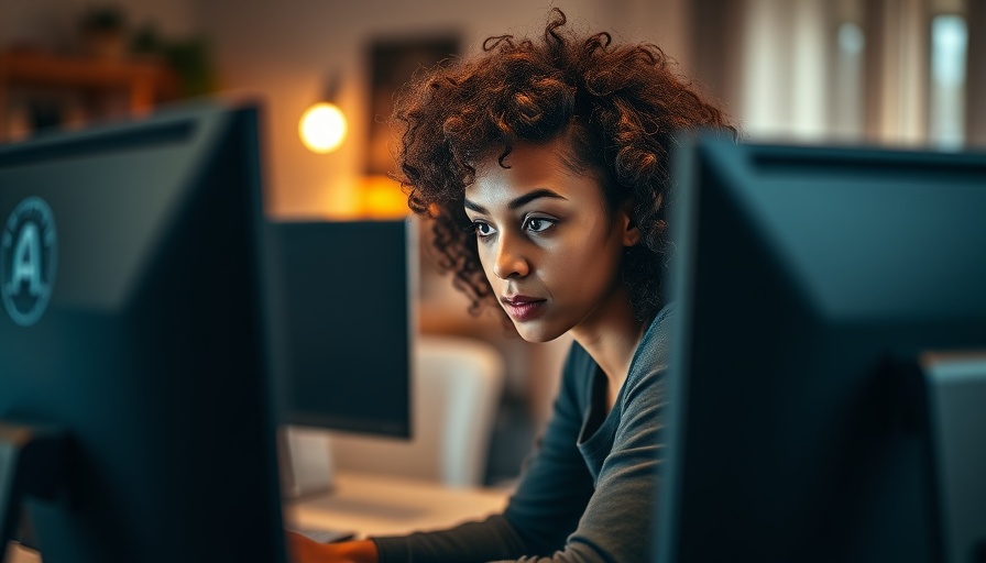 Young woman working at dual monitors in home office.
