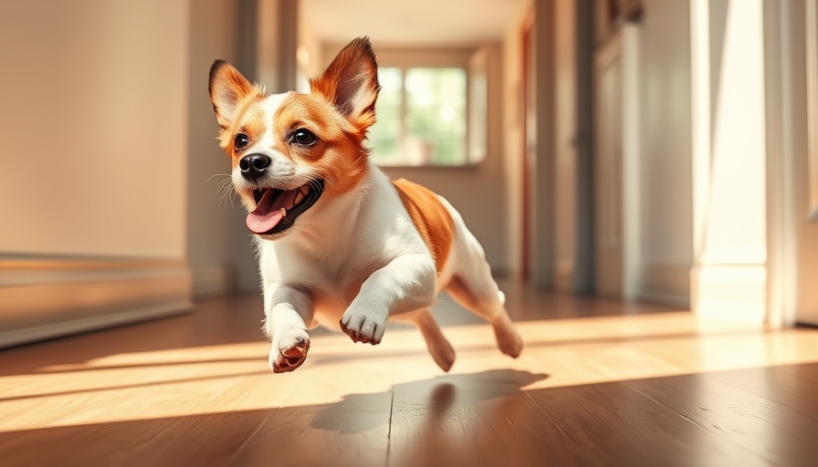 Energetic dog experiencing zoomies in a sunlit hallway.