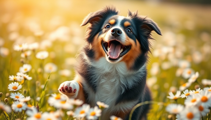 Australian Shepherd enjoying a spring day in daisy field, Spring Safety Tips for Dogs.