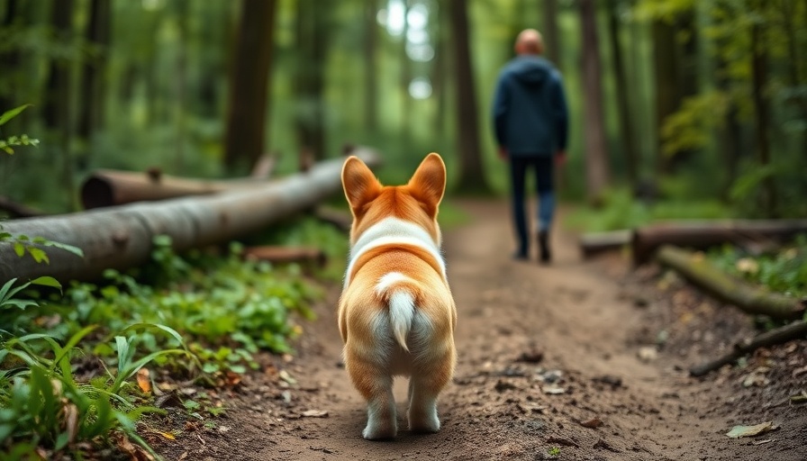 Recall Training with Distractions: Corgi dog looks back during forest walk.