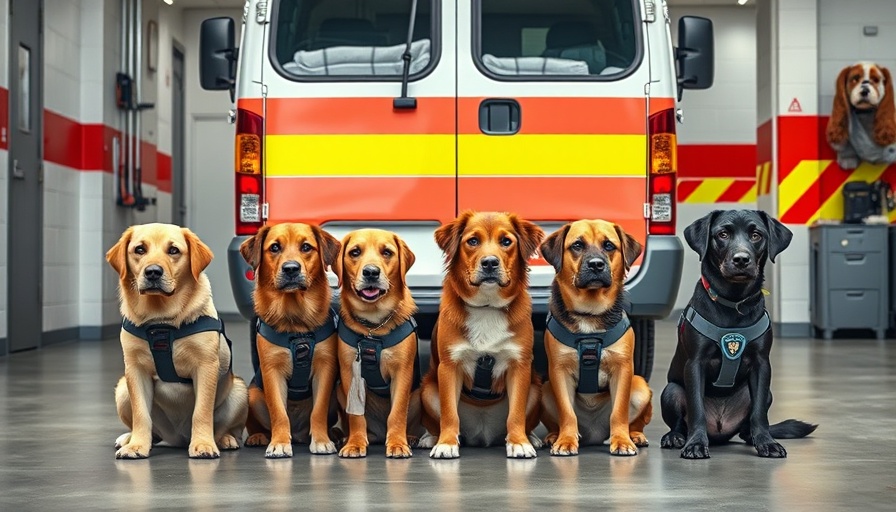 Guide and Service Dog Etiquette: Four guide dogs beside an ambulance.