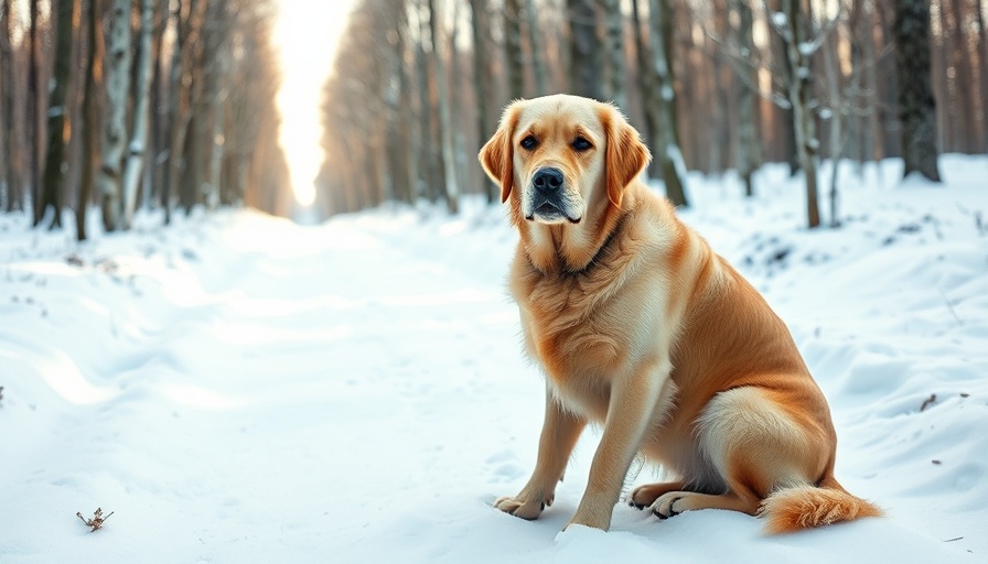 Golden Lab sitting in snowy forest, illustrating winter safety for dogs.