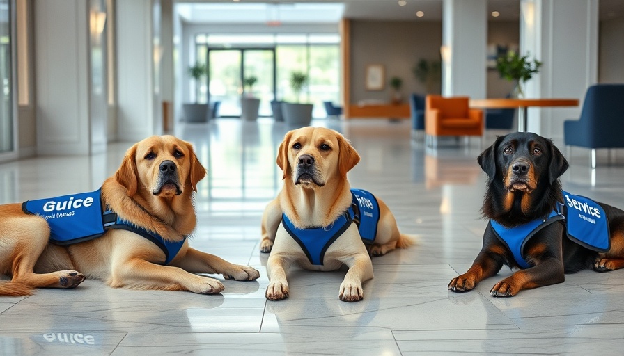Service dogs in training in a modern lobby, emergency preparedness focus.