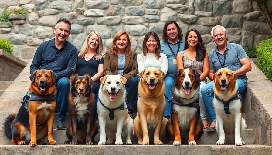 Service dog graduation group smiling on stone steps