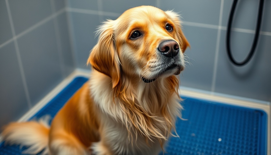 Golden Retriever at grooming station emphasizes importance of dog grooming.