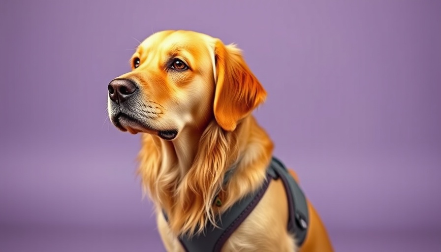 Golden retriever in training vest for history of service dogs.