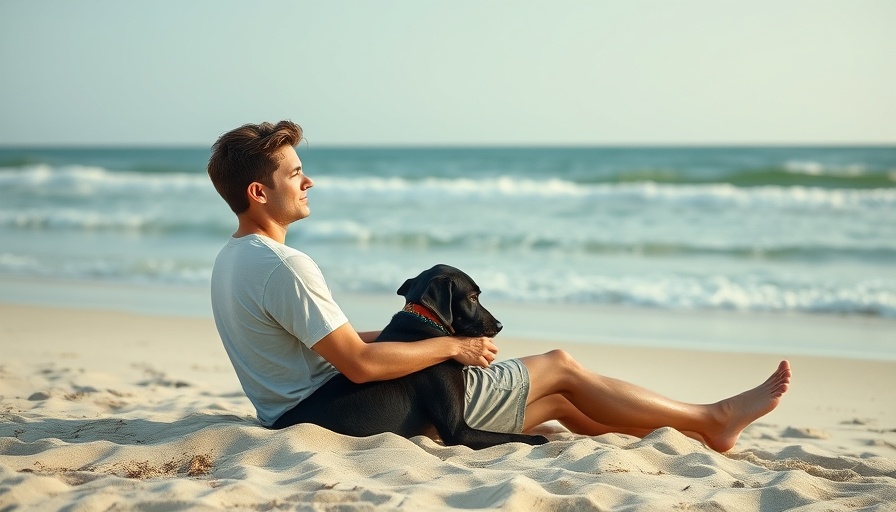 Veteran with service dog on beach, peaceful scene