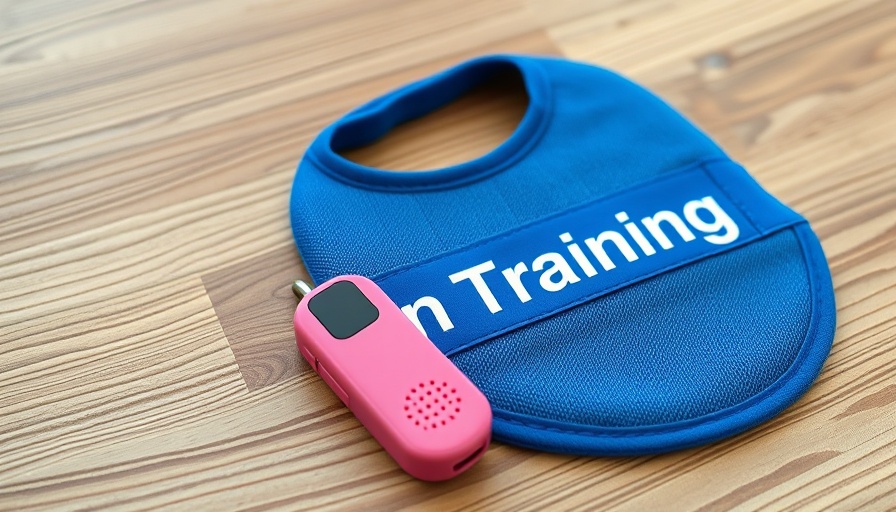 Blue service dog vest and pink clicker on wood, training tools.