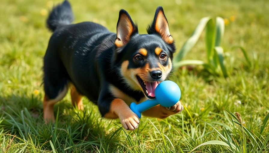 Service dog training with play in a garden, holding a blue toy.