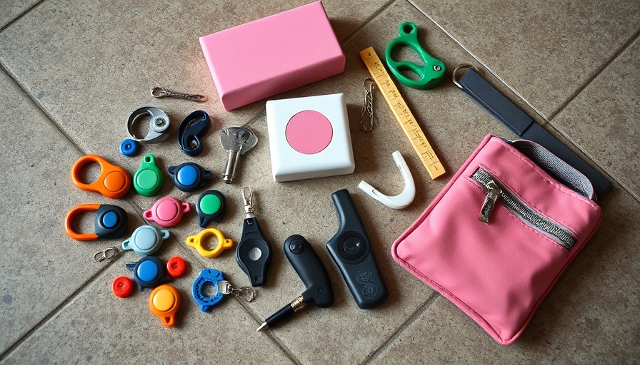 Assorted service dog training tools on the floor.