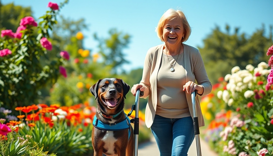 Woman practicing loose leash walking with her service dog in a garden.