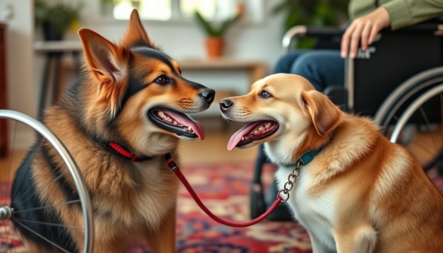 Training service dogs to pull wheelchair indoors with vibrant decor.