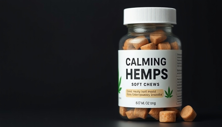 CBD soft chews for pets - calming hemp jar on black background.