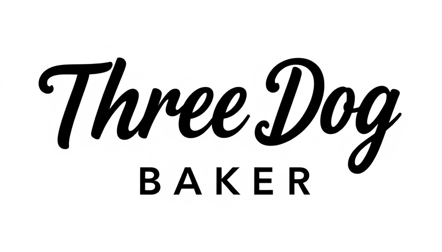 Three Dog Bakery logo resembling dog bone with bold text, New dog treats Global Pet Expo.