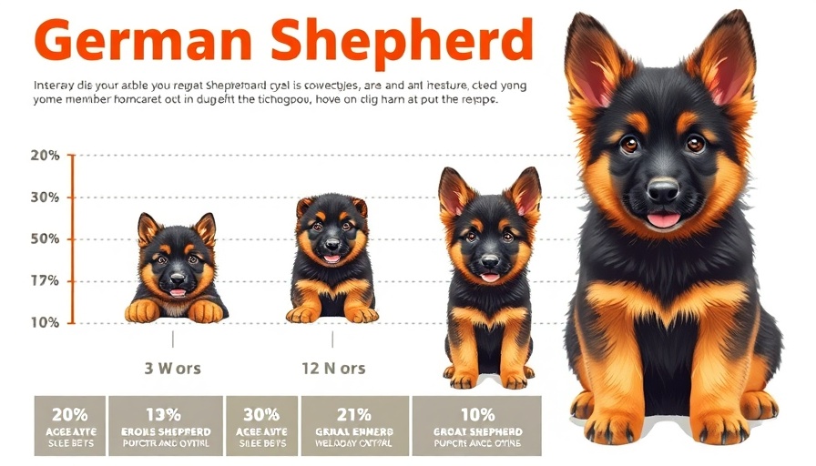 German Shepherd puppy weight chart infographic with growth milestones.