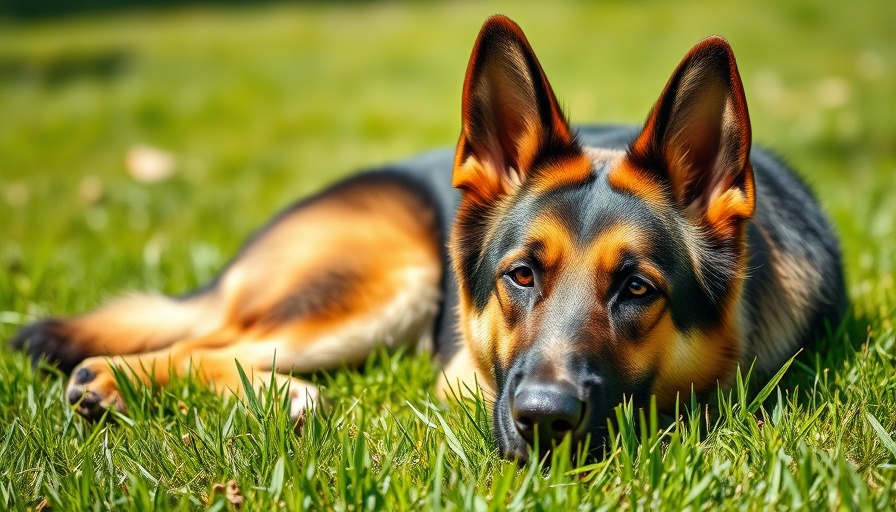 German Shepherd dog relaxing on green grass on a sunny day.