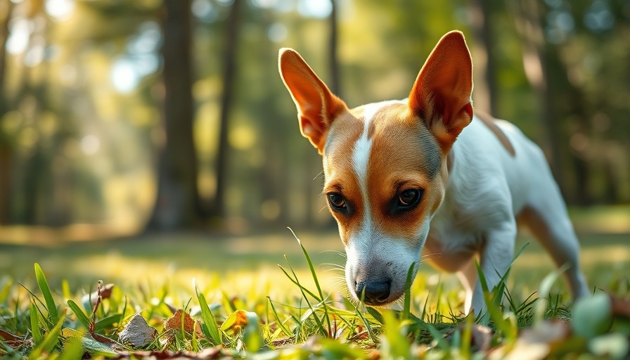 Jack Russell Terrier in park sniffing grass, potential dangerous seeds for dogs.