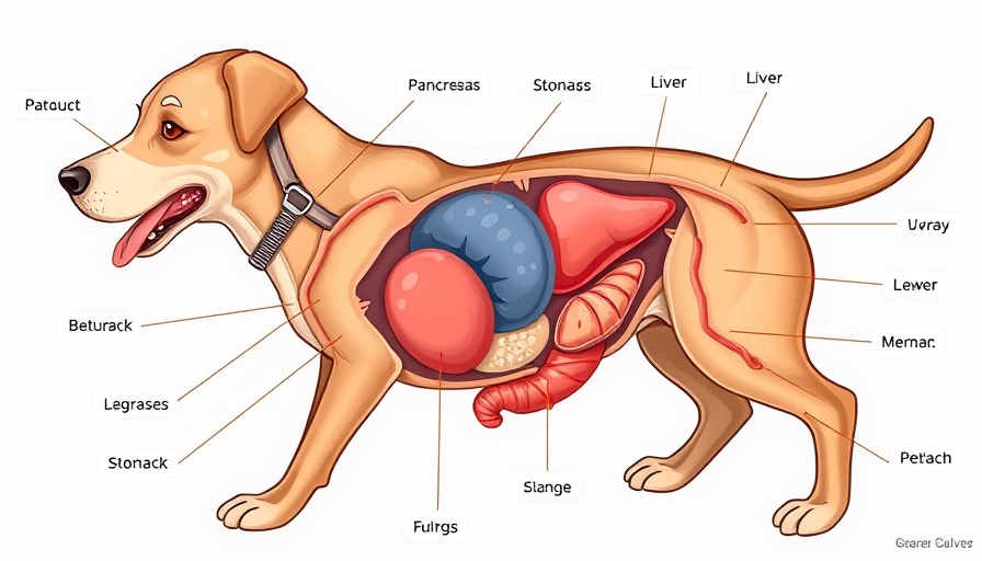 Anatomical illustration of dog's digestive system labeled for pancreatitis study
