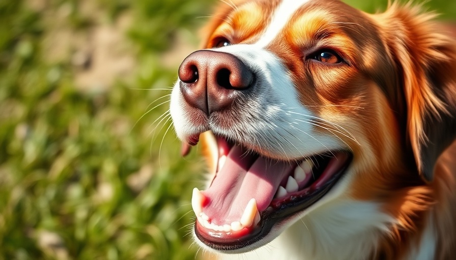 Dog with open mouth showing teeth, grassy background